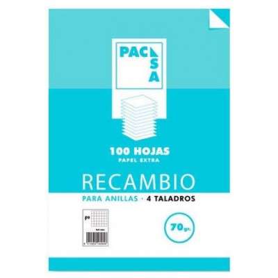 RECAMBIO 70 GRS. 4 TALADROS FOLIO (215X310MM.) 100 HOJAS CUADRÍCULA 4X4 CON MARGEN PACSA 21211 (Espera 4 dias)