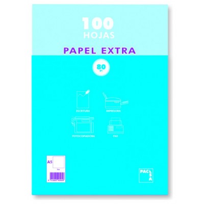 PAQUETE PAPEL EXTRA BLANCO SATINADO 100 HOJAS 80 GRS. A-5 (148X210MM.) LISO PACSA 21814 (Espera 4 dias)