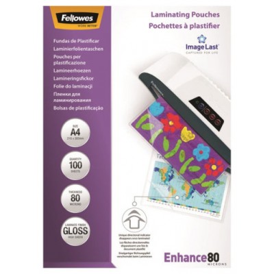 PACK 100 FUNDAS PLASTIFICAR FELLOWES 80 MICRAS BRILLO A4