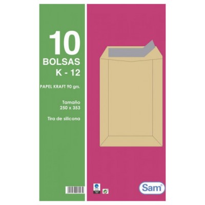 PAQUETES DE 10 BOLSAS KRAFT, CON TIRA DE SILICONA TAMAÑO 250X353 90 GRS. SAM 665101 (Espera 4 dias)