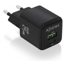 AISENS - CARGADOR GaN 25W, 1xUSB-C PD3.0 QC4.0, 1xUSB-A QC3.0, NEGRO