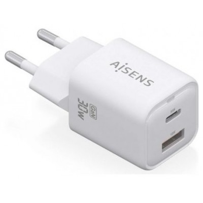 AISENS - CARGADOR GaN 30W, 1xUSB-C PD3.0 QC4.0, 1xUSB-A QC3.0, BLANCO