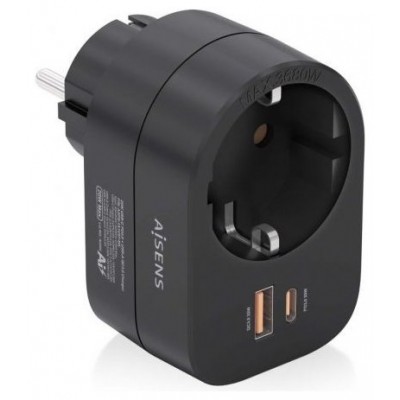 AISENS - REGLETA DE PARED MULTIFUNCION CON 1 TOMA + 1xUSB-C 20W PD3.0, 1xUSB-A 20W QC3.0, NEGRO