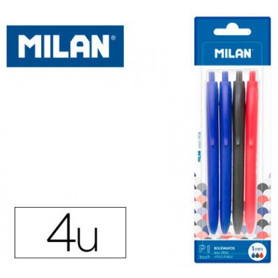 Milan BWM10254 Negro, Azul, Rojo Bolígrafo de punta retráctil con pulsador 4 pieza(s) (Espera 4 dias)