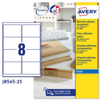 PAQUETE 25 HOJAS ETIQUETAS TRANSPARENTES QUICKPEEL-IMPRESORAS DE INYECCIÓN DE TINTA-99,1X67,7 MM AVERY J8565-25 (Espera 4 dias)