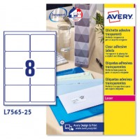 PAQUETE 25 HOJAS ETIQUETAS TRANSPARENTES QUICKPEEL-IMPRESORAS LÁSER 99,1X67,7 MM AVERY L7565-25 (Espera 4 dias)