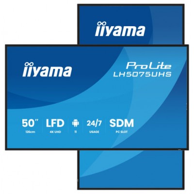 MONITOR TACTIL IIYAMA 50" 3840X2160, UHD VA, 500CD/M2, HORIZ VERT,FAILOVER,MM 2X 10W, HDMI 3X, DP, DP-OUT, USB 2.0 X2, WIFI, LAN, MEDIA PLAY USB, LAN / RS232C, IISIGNAGE2, IISHARE, IICONTROL ANDROID 11, PC-SLOT SDM-L, 24/7, VESA 400X400 (LH5075UHS-B2