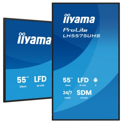 MONITOR TACTIL IIYAMA 55" 3840X2160, UHD VA, 500CD/M2, HORIZ VERT,FAILOVER,MM 2X 10W, HDMI 3X, DP, DP-OUT, USB 2.0 X2, WIFI, LAN, MEDIA PLAY USB, LAN / RS232C, IISIGNAGE2, IISHARE, IICONTROL ANDROID 11, PC-SLOT SDM-L, 24/7, VESA 400X400 (LH5575UHS-B2