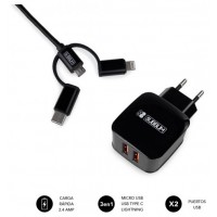 CARGADOR PARED SUBBLIM ABS 2.4A CON CABLE 3IN1 BLACK