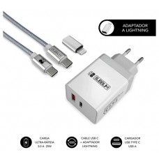 SUBBLIM CARGADOR ULTRA RAPIDO 2xUSB DE PARED PD25W+QC3.0+Cable C to C y lightning Blanco (Espera 4 dias)