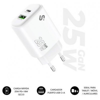CARGADOR PARED/VIAJE USB-C + USB-A GaN 25W PD BLANCO SUBBLIM (Espera 4 dias)