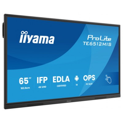 MONITOR INTERACTIVO IIYAMA 65" EDLA, ANDROID 14, 8/128GB, 40-P,3840X2160,UHD,MM 2X 20W,VGA,HDMI 2X /1XOUT, 2X USB-C,MINI-JACK OPTICAL OUT,USB TOUCH, 400CD/M2,LANDSC MODE,MEDIA PLAY USB, AG,LAN,RS232C,IIWARE,WIFI/BT,VESA 600X400,SLOT OPC (TE6512MIS-B4