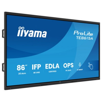 IIYAMA MONITOR INTERACTIVO 86" EDLA,ANDROID 14, 16/128GB UHD IPS, MM 2X 20W  + 20W SUBWR, 2X HDMI, DP , 1X USB-C,  550CD/M, HORIZ , MEDIA PLAY USB PORTS, ANTIGLARE, LAN, RS232C, IIWARE WIFI-6/BT 5.0, OPS SLOT, VESA 600X400 (MOUNT INCLUDED) (TE8615A-B