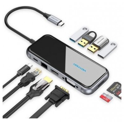 DOCKING STATION 10 PUERTOS USB-C VGA/HDMI/4xUSB/USB-C PD/LECTOR/RJ4 GRIS VENTION (Espera 4 dias)